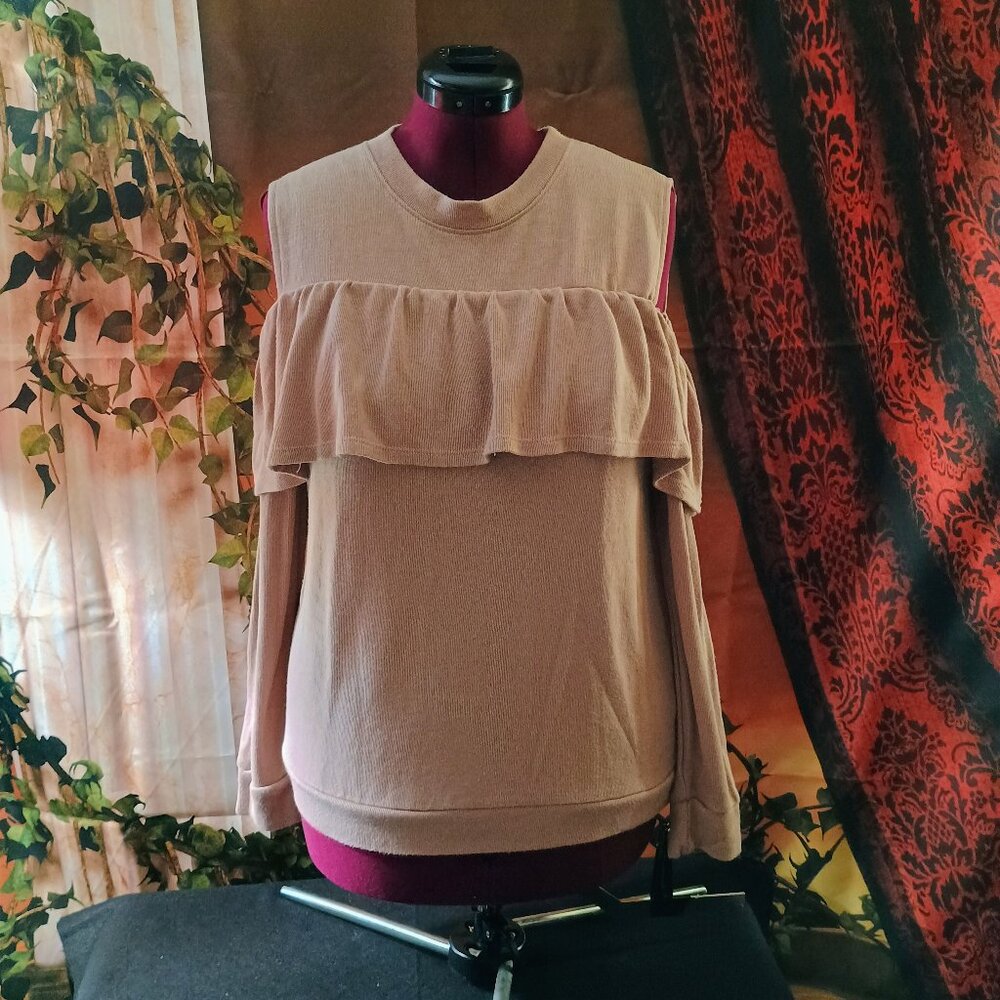 EUC: Mono B Large Tan Cold Shoulder Ruffle Sweatshirt